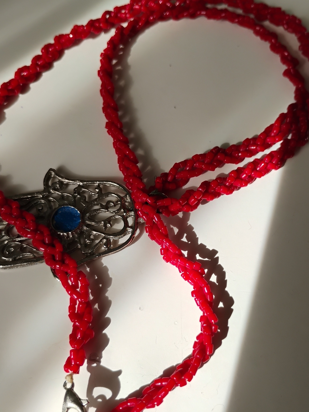 Bright Red Braided Beaded Necklace - Unbranded